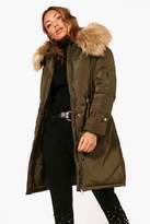 Thumbnail for your product : boohoo Longline Tie Cuff Parka With Faux Fur Trim