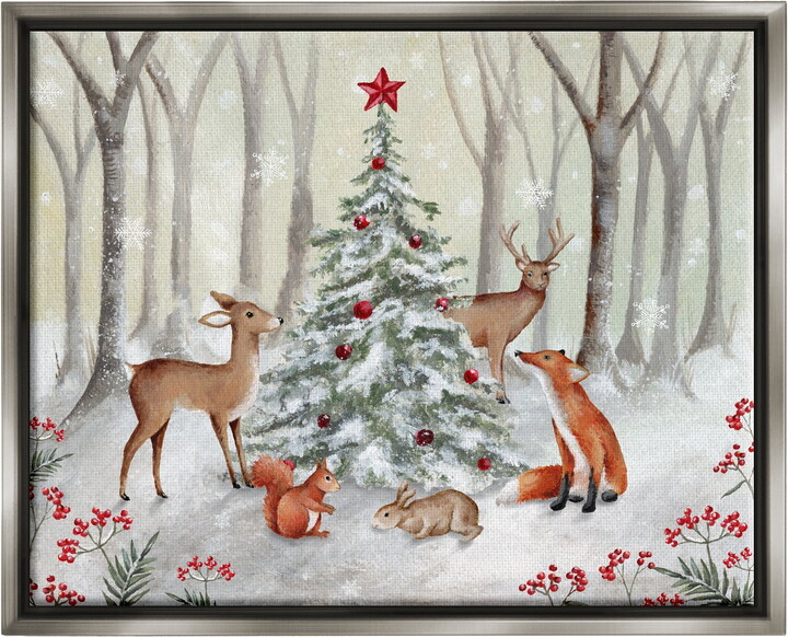 Stupell Industries Forest Animals & Christmas Tree Holiday Painting Gray Floater Framed Canvas Art Print Wall Art, 31 x 25