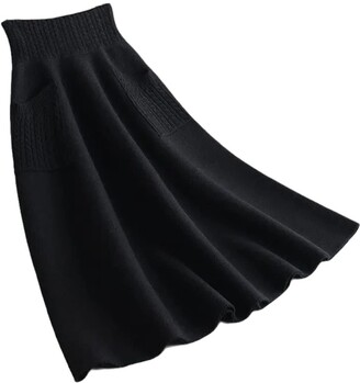 KEHAIOO High Waist Women Winter Wool Knitting Long Skirts Korean Office  Ladies Vintage Black Skirt with Pocket - ShopStyle