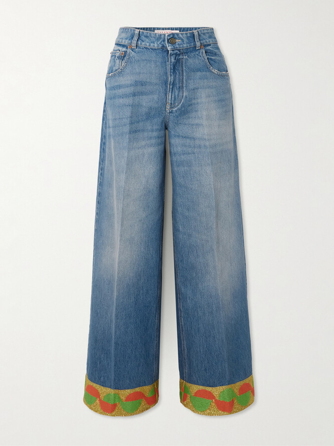 Valentino Garavani - Metallic Jacquard-trimmed High-rise Wide-leg Jeans - Blue
