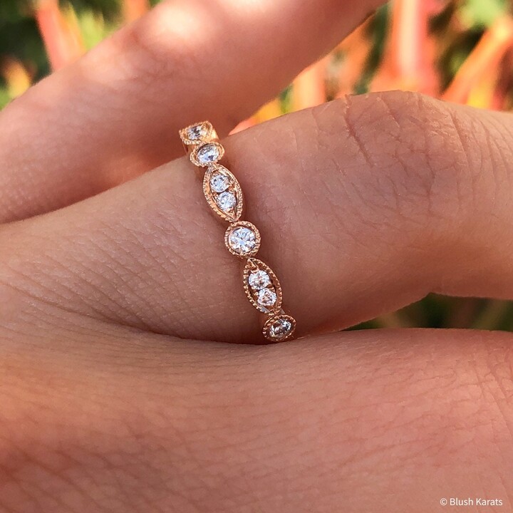 Etsy Marquise Dot Diamond Wedding Band Real Half Eternity Scalloped Ring Beaded Bezel Art Deco Natural Band Gift