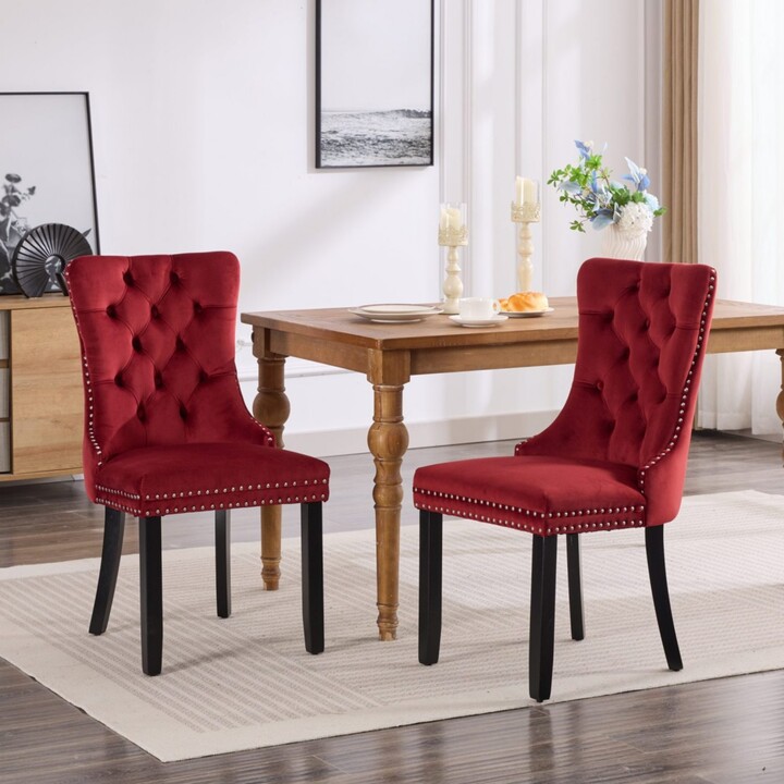 Streamdale Furniture Classic Velvet Dining Chairs High-end Tufted Solid Wood Contemporary Velvet Upholstered Dining Chair with Wood Legs Nailhead Set Of 2Burgundy Wine
