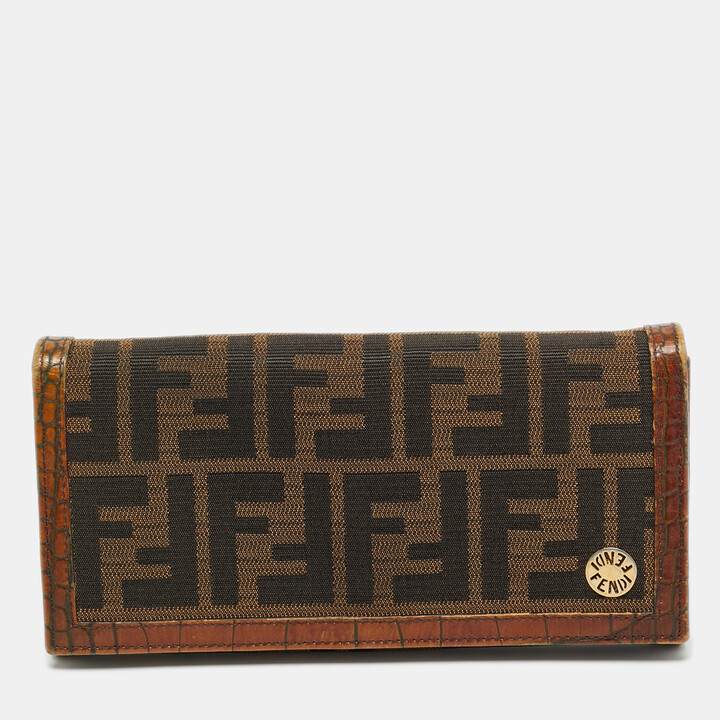 Fendi Tobacco Zucca Canvas and Croc Embossed Leather Flap Continental Wallet
