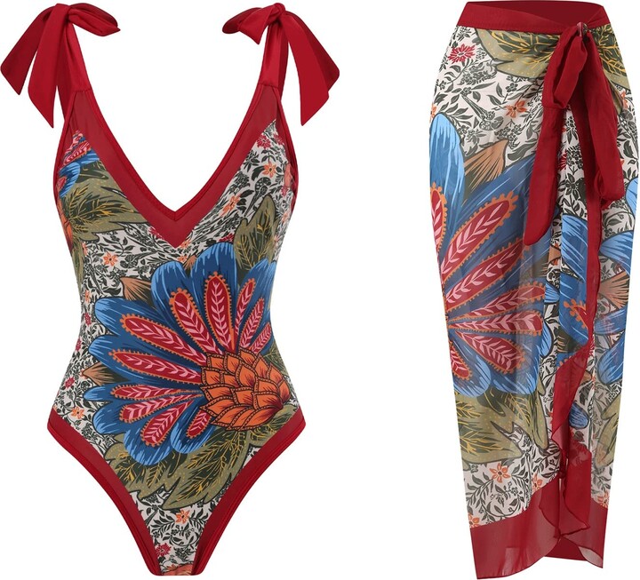 Chokoluy Women's onePiece Swimsuit Sunscreen Chiffon Sarong Tummy