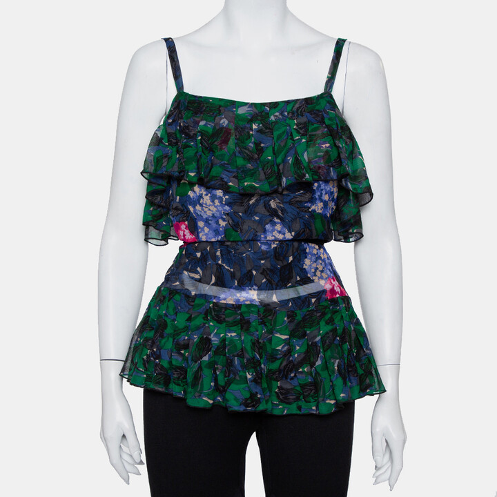 Anna Sui Multicolor Printed Silk Ruffled Sleeveless Top S