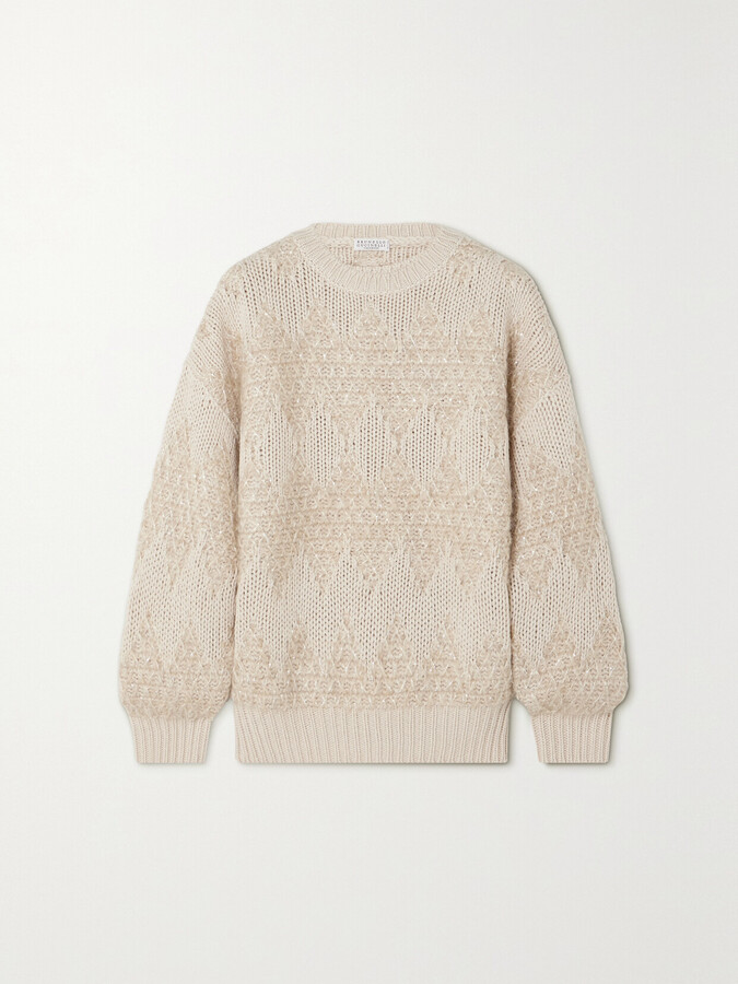 Brunello Cucinelli Sequin-embellished Wool, Cashmere And Silk-blend Sweater - Neutrals