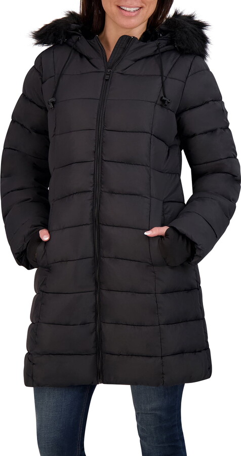 Steve Madden Women’s Long Puffer Coat with Faux Fur Hood