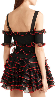 Alexander McQueen Cold-shoulder Ruffled Ribbed-knit Mini Dress