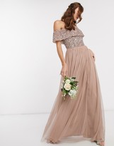 Thumbnail for your product : Maya Bridesmaid bardot maxi tulle dress with tonal delicate sequins in taupe blush