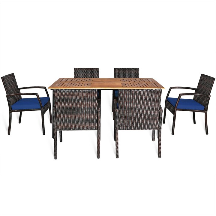 Tangkula 7 Piece Patio Dining Furniture Set Acacia Wood and Wicker