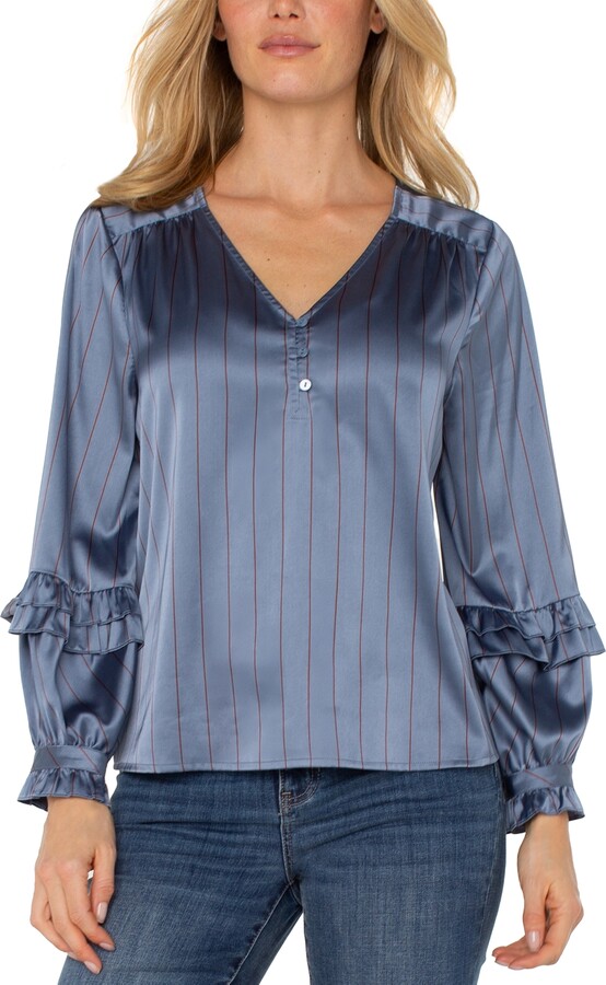 Liverpool Los Angeles V-Neck Pull On Top - Chambray/rust Stripe