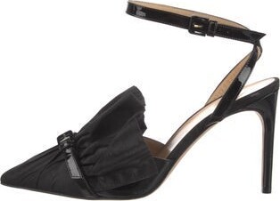Giannico Slingback Pumps Black Patent Leather Trim Pointed-Toes with Ruffle Embellishment Wrap-Around Straps & Buckle Closure at Sides | Giannico Ruffle Embellishment Slingback Pumps in Black, Women's IT 36 | 6