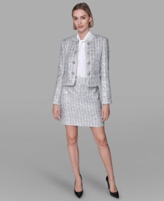 Karl Lagerfeld Paris Womens Novelty Button Front Jacket Sleeveless Cut Sew Top Novelty Mini Skirt