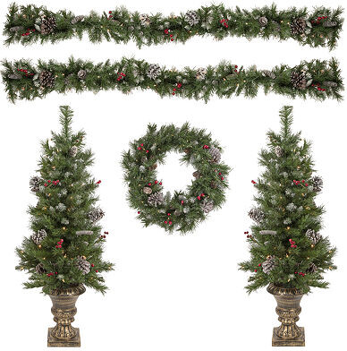 NORTHLIGHT 5-Piece Pre-Lit Frosted Verona Berry Pine Artificial Christmas Entryway Set