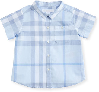 Burberry Tyson Short-Sleeve Cotton Check Shirt, Light Blue, Size 3-24 Months