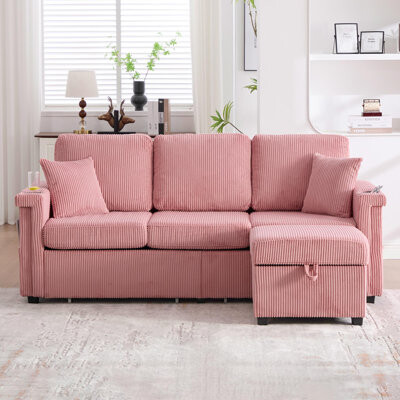L-Shaped Sectional Sofa with Pull-Out Storage,Ottoman & Pillows 3-Seat with USB Charging,Cup Holder, Convertible Design for Living Room, Apartment, Co