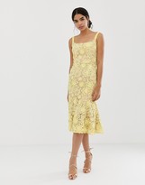 jarlo all over contrast floral lace embroidered midi dress with ruffle hem detail in multi