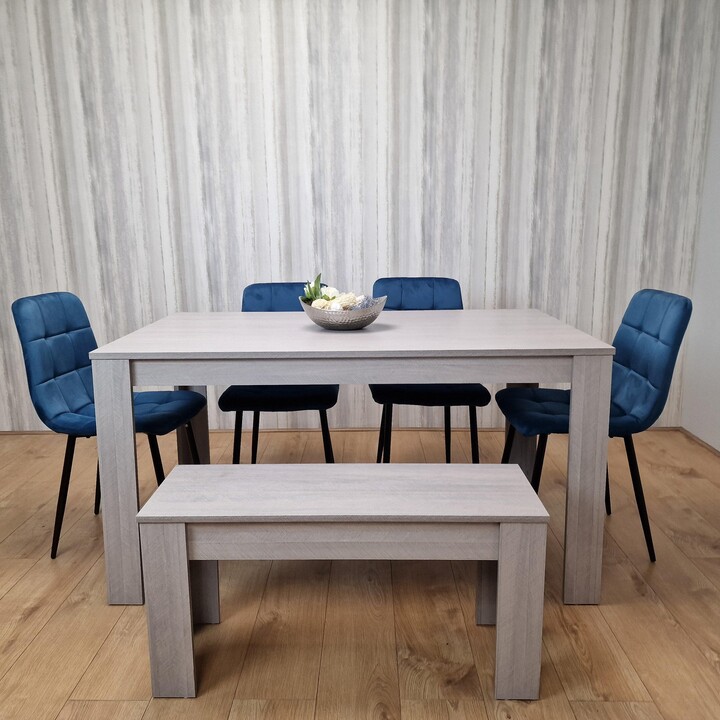 KOSY KOALA Grey Dining Table and 4 Blue Velvet Tufted Chairs with 1
