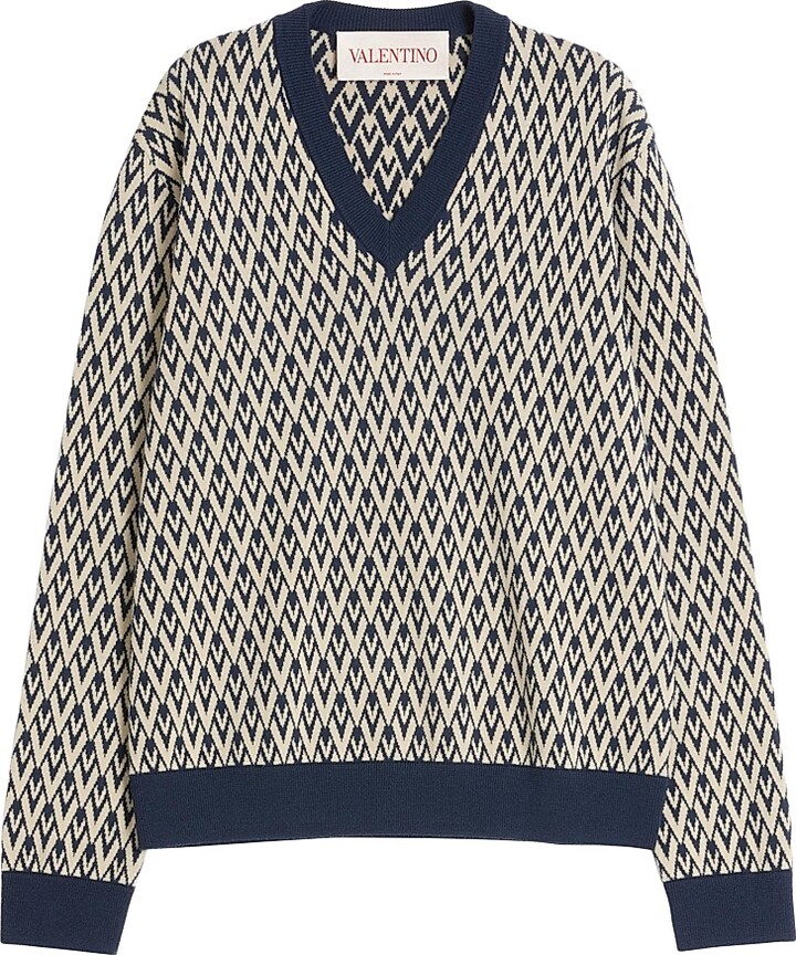 Valentino Garavani Men's Wool Sweater with Toute La V Jacquard Pattern - Ivory Navy - Size Large