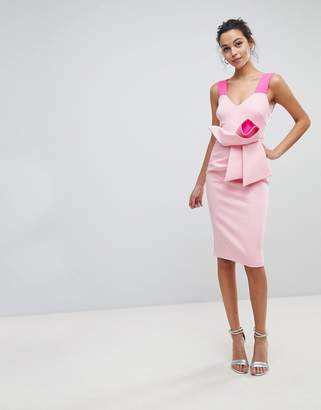 ASOS Design Fluro Two Tone Pink Origami Bow Midi Bodycon Dress