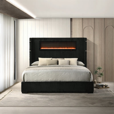 Wrought Studio Garner Bed w/Fireplace, LED, Reading Light, Speaker, Bluetooth & USB