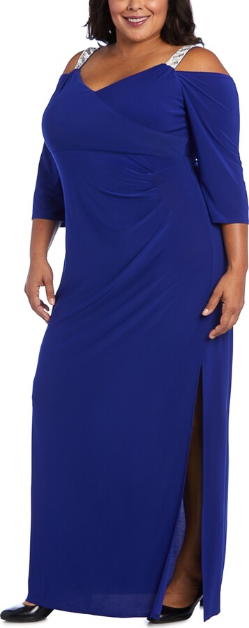 R & M Richards Plus Size Embellished Cold-Shoulder Gown