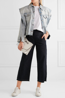 Alexander Wang T by Cropped Pinstriped Cotton-burlap Wide-leg Pants - Midnight blue