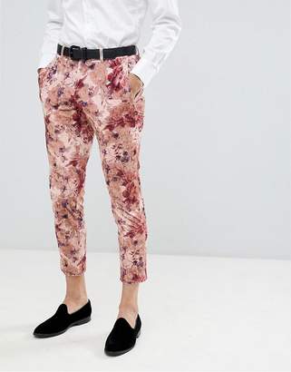 Moss Bros skinny suit pants with stretch in floral crushed velvet