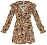 Thumbnail for your product : PrettyLittleThing Brown Leopard Print Frill Detail V Neck Shift Dress