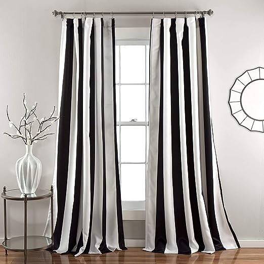 Lush Decor, Black Wilbur Stripe Room Darkening Window Curtain Panel Pair, 95" x 52", 52" W x 95" L