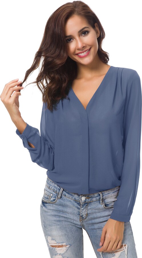 Urban GoCo Women's V Neck Long Sleeve Ruffled Shoulder Solid Chiffon Blouse  (Medium - ShopStyle Tops