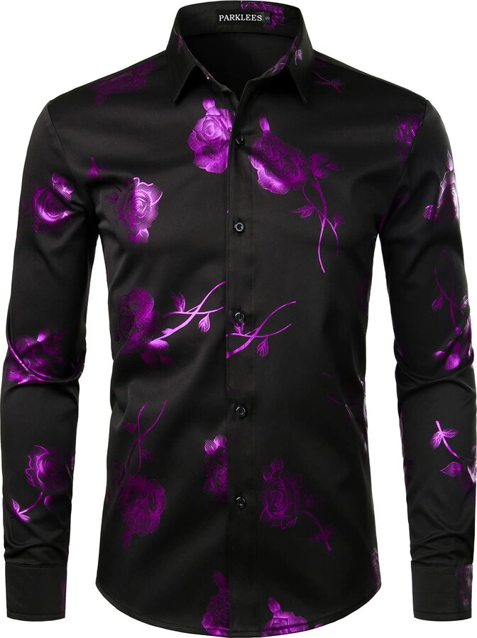 PARKLEES Men's Shiny Gold 3D Rose Print Slim Fit Button Down Dress ...