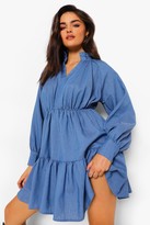 Thumbnail for your product : boohoo High Neck Plunge Tiered Chambray Dress