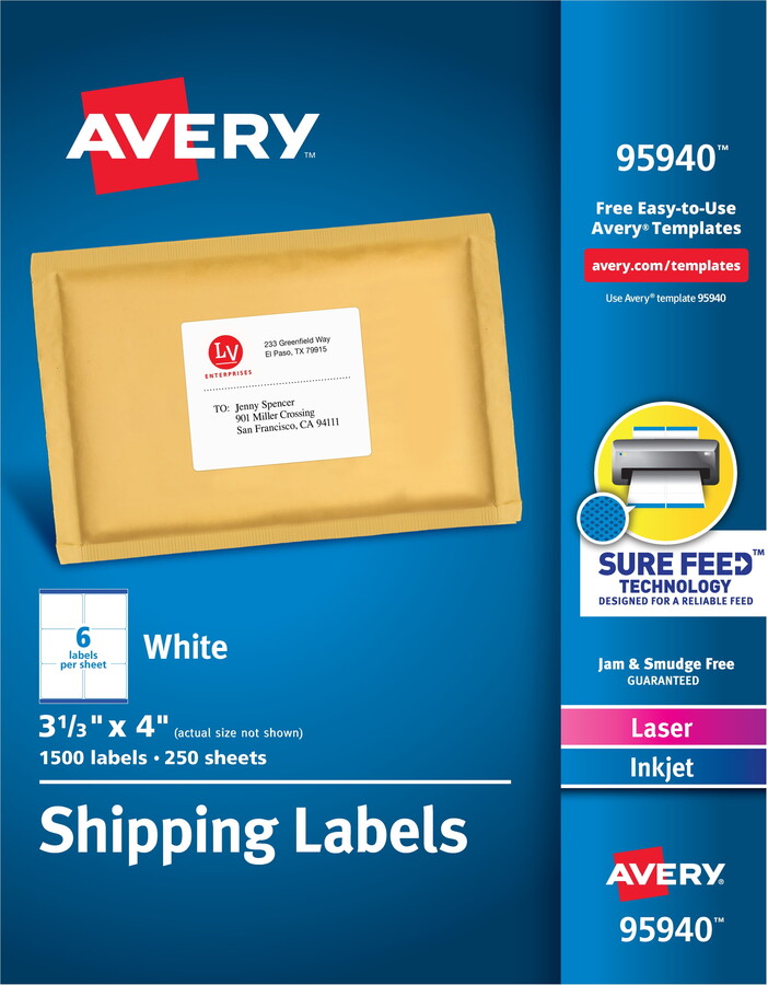 Avery Shipping Labels, Sure Feed, 3-1/3" x 4", 1,500 Labels (95940)