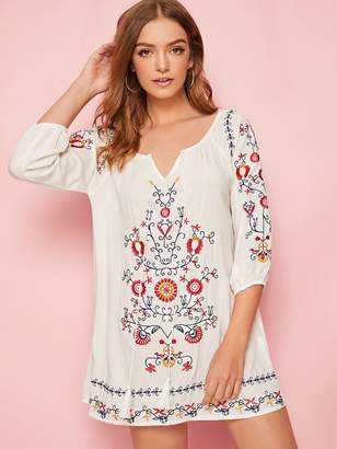 Shein Tribal Embroidery Tie Neck Blouse