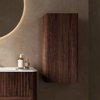 KALI 14" Wall-Mounted Floating Striped Bathroom Vanity Side Cabinet with a Door and a Shelf, (Suitable for NOOR Bathroom Vanity), Retro Walnut