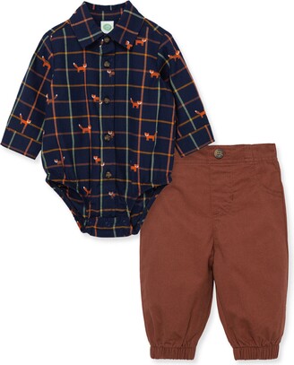 Little Me Fox Plaid Button-Up Bodysuit & Pants Set