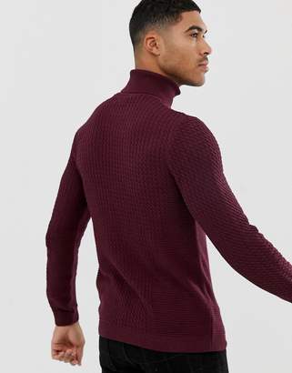 ASOS Design DESIGN muscle fit cable roll neck sweater in burgundy