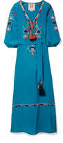 Thumbnail for your product : Figue Lulu Tasseled Embroidered Silk Crepe De Chine Maxi Dress - Blue