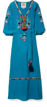 Figue Lulu Tasseled Embroidered Silk Crepe De Chine Maxi Dress - Blue
