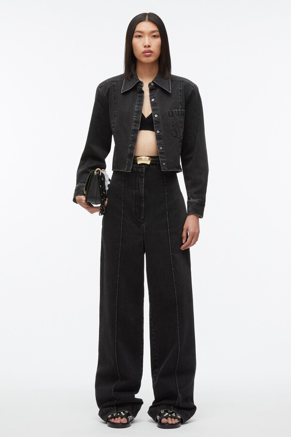 Denim Cropped Shirt with Shoulder Pads in WASHED BLK