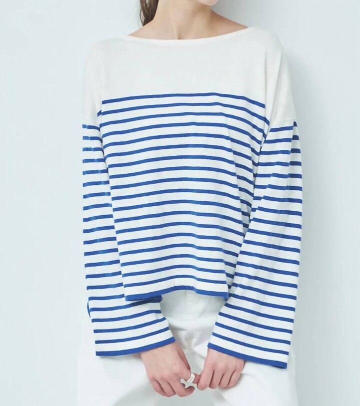 C.T.plage Cotton Cashmere Wide Sleeve Pullover Stripe Top In White / Blue