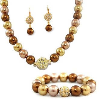 JewelryStylist.com Formal Bronze, Taupe, Light Gold Color SET- Necklace, Bracelet, Earring - Bridesmaid Wedding