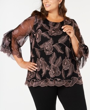 Alfani Plus Size Embroidered Statement-Sleeve Top, Created for Macy's