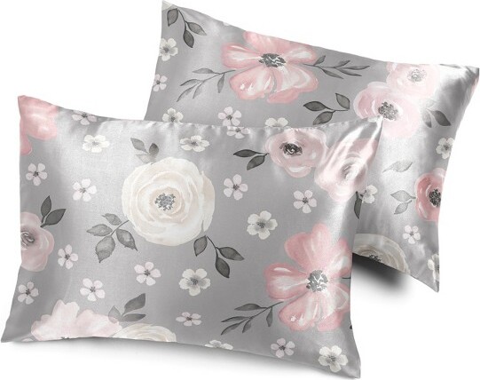 Sweet Jojo Designs SweetJojoDesignsGirlDecorativeSatinPillowcasesWatercolorFloralGreyandPink2pc