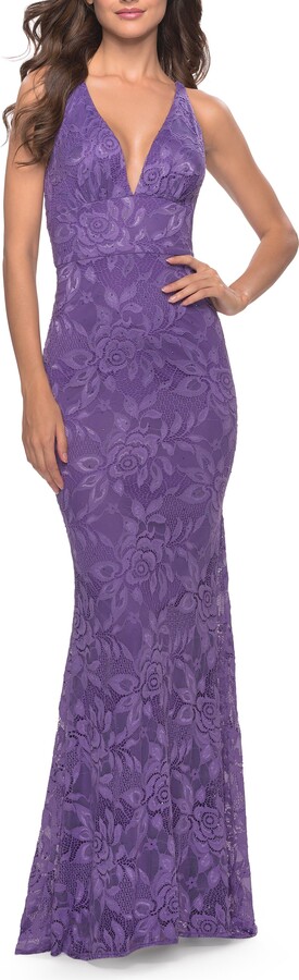 La Femme Fitted Stretch Lace Prom Dress with Banded Waist