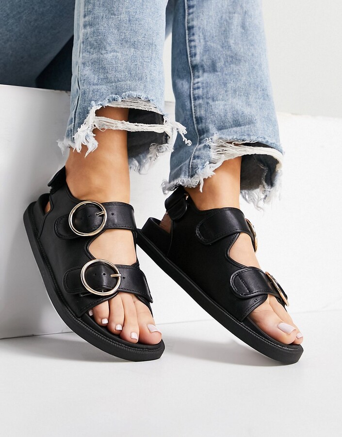 London Rebel double buckle sling back sandals in black - ShopStyle