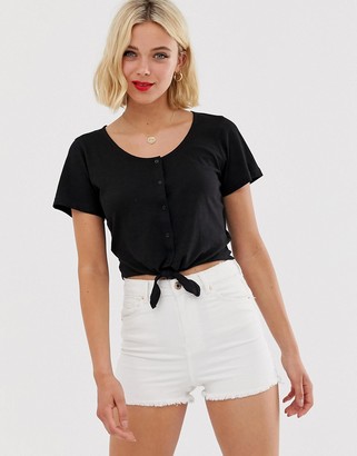 Brave Soul crop t shirt with tie front and button detail