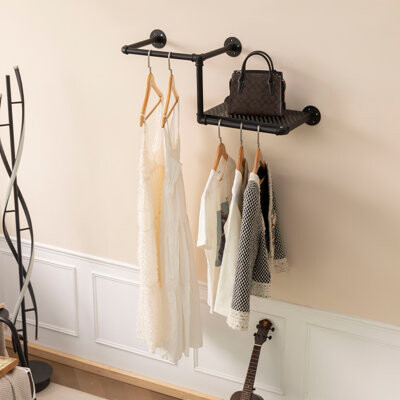 Trent Austin Design Industrial Pipe Clothing Rack With Floating Shelves, 2 Hanging Rods Wall Mounted Garment Rack, Heavy Duty Iron Clothes Bar, Space-Saving Clothing Hang
