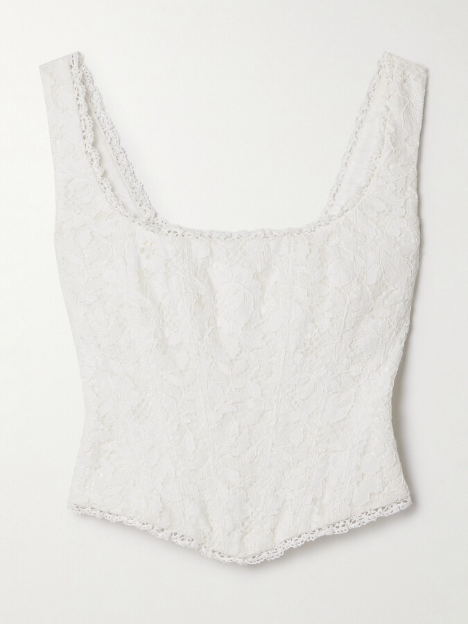 LoveShackFancy Lorelai Cropped Crochet-trimmed Corded Lace Bustier Top - Off-white